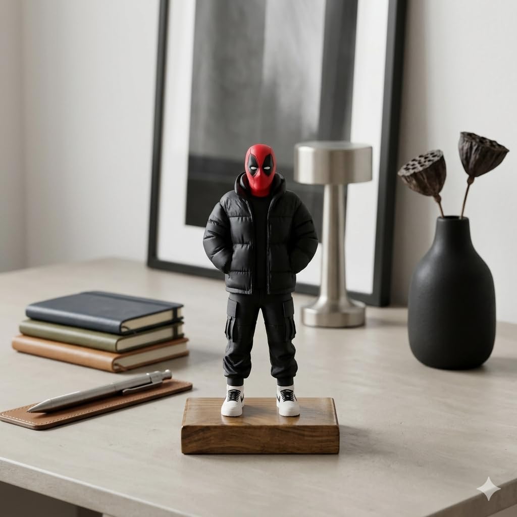 Urban Superhero Figurine with Teak Wood Base | Anime Inspired Collectible Desk Decor Statue | Premium PLA Gaming Setup & Room Decor Figure | 7 x 4 x 3 Inch (Urban Deadpool)