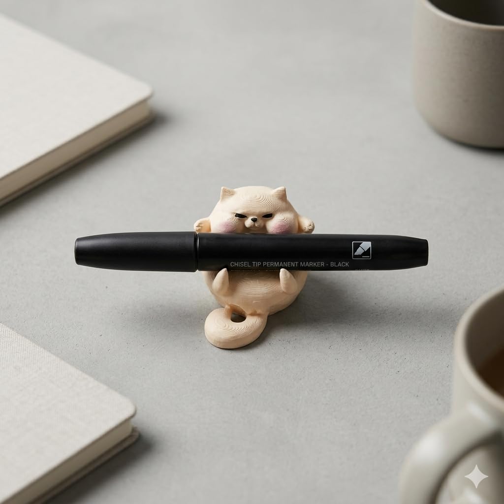 Chonky Cat Pen Holder Cute Kawaii Desk Accessory for Office, Study Table & Home Decor 3D Printed PLA Cat Desk Companion for Pens, Markers & Stylus Ivory & Blush Purple