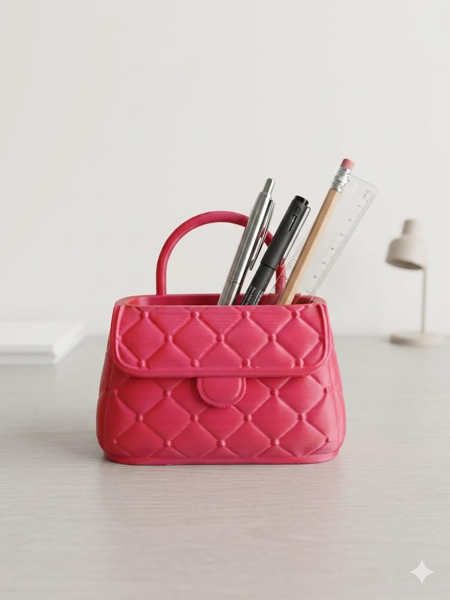 Luxury Purse Pen Holder | Aesthetic Handbag Desk Organizer for Women & Girls | Premium Eco-Friendly Stationery Holder | Cute Office & Study Table Decor (Bubblegum Pink)