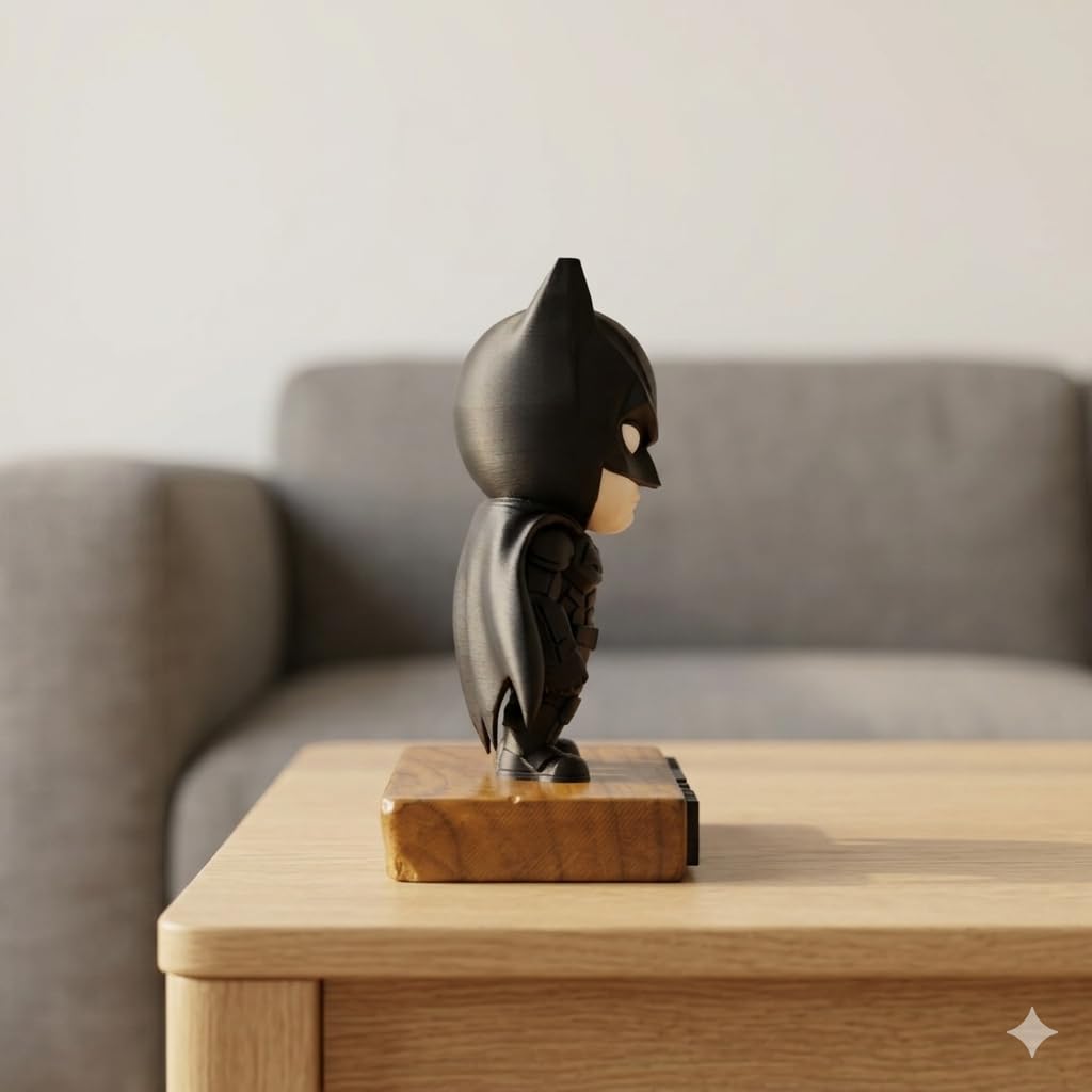 Batman Figurine with Wooden Base | Matte Black Superhero Desk Decor | Collectible Gift for Fans | Durable PLA with Teak Wood Base | Modern Matte Finish Figurine for Office & Home Display