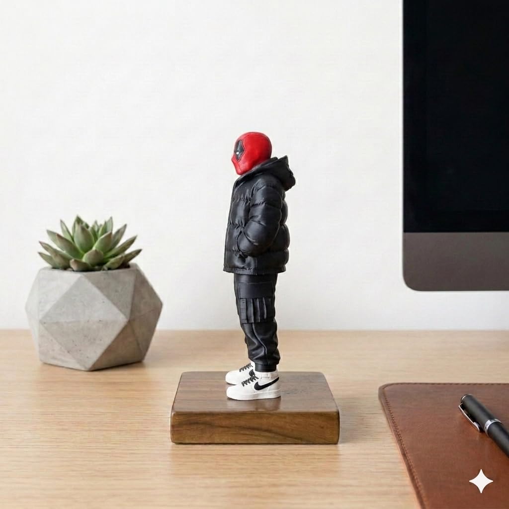 Urban Superhero Figurine with Teak Wood Base | Anime Inspired Collectible Desk Decor Statue | Premium PLA Gaming Setup & Room Decor Figure | 7 x 4 x 3 Inch (Urban Deadpool)