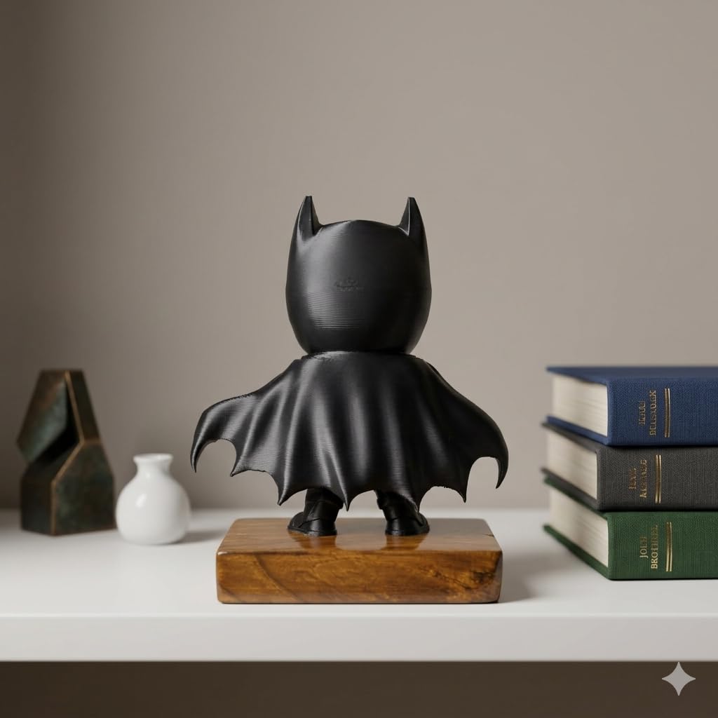 Batman Figurine with Wooden Base | Matte Black Superhero Desk Decor | Collectible Gift for Fans | Durable PLA with Teak Wood Base | Modern Matte Finish Figurine for Office & Home Display