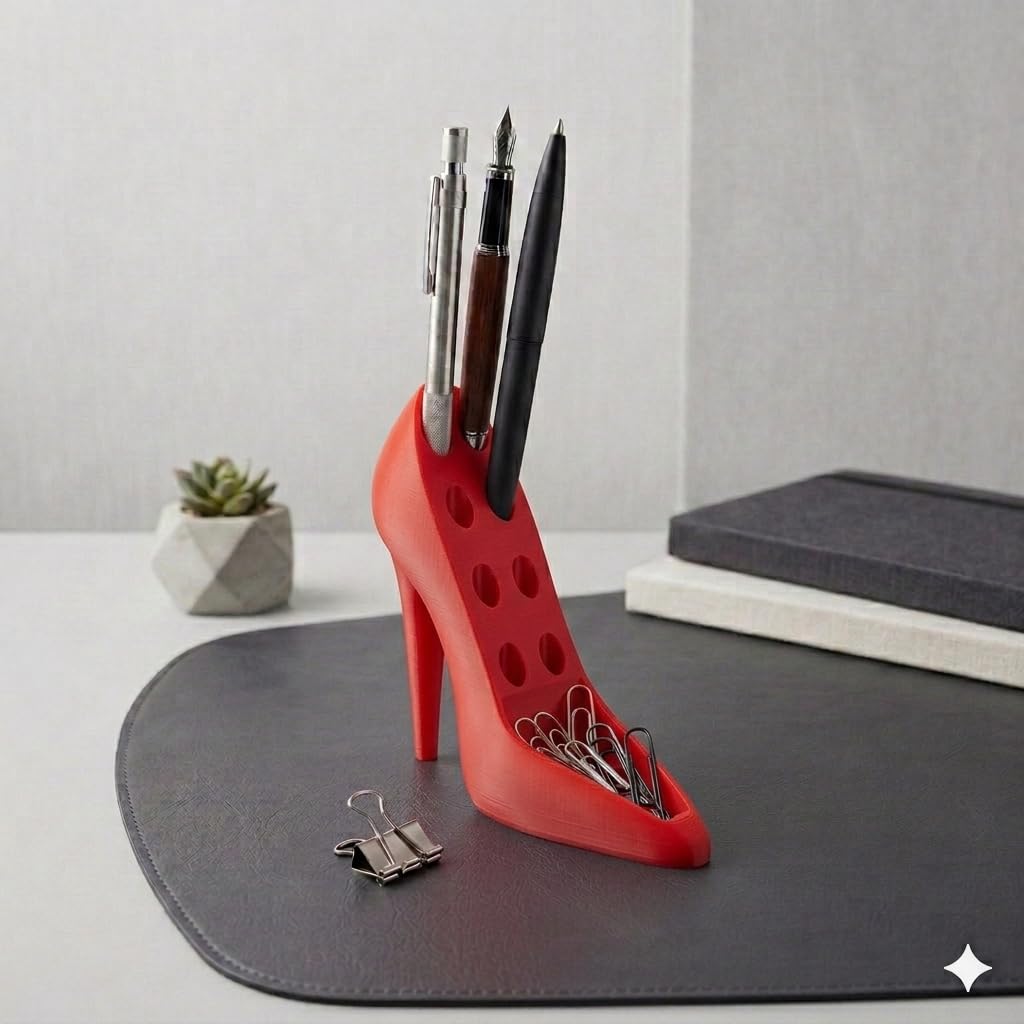 High Heel Pen Holder | Stylish Shoe Shaped Pencil Stand & Makeup Brush Organizer | 3D Printed PLA Desk Accessory for Office, Vanity & Home Décor (Luxury Purple)