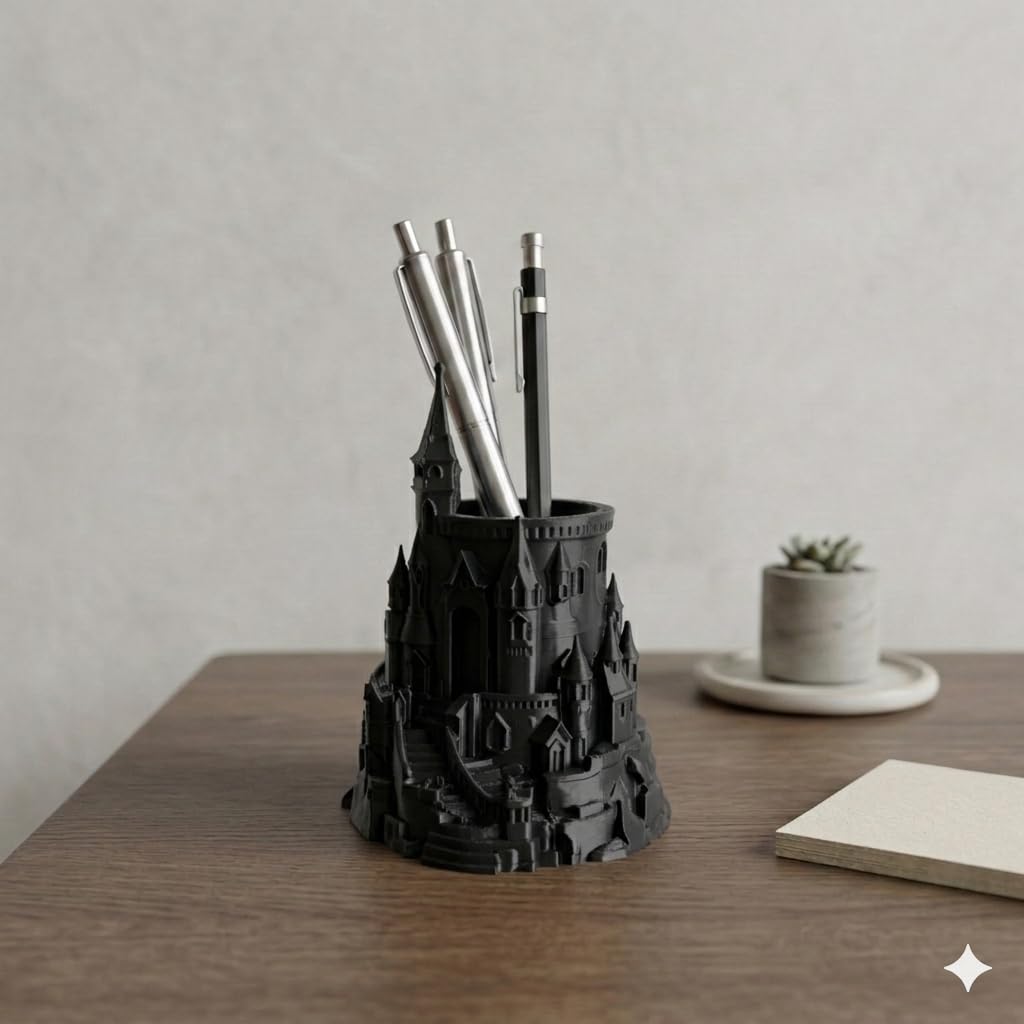Inspired Castle Pen Holder Black 5 Inch Fantasy Desk Organizer Medieval Castle Pencil Stand for Office Study Table & Gamer Setup