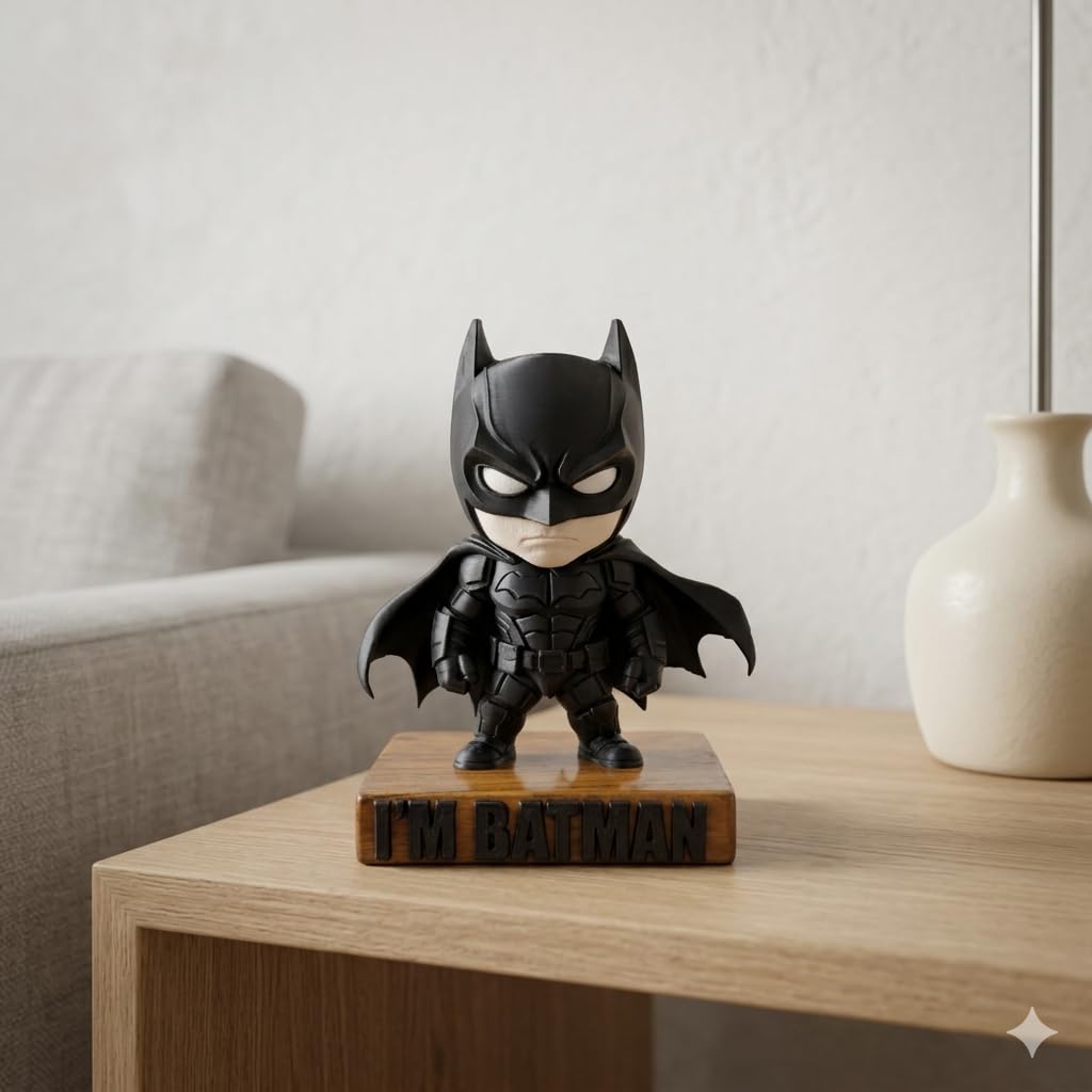 Batman Figurine with Wooden Base | Matte Black Superhero Desk Decor | Collectible Gift for Fans | Durable PLA with Teak Wood Base | Modern Matte Finish Figurine for Office & Home Display