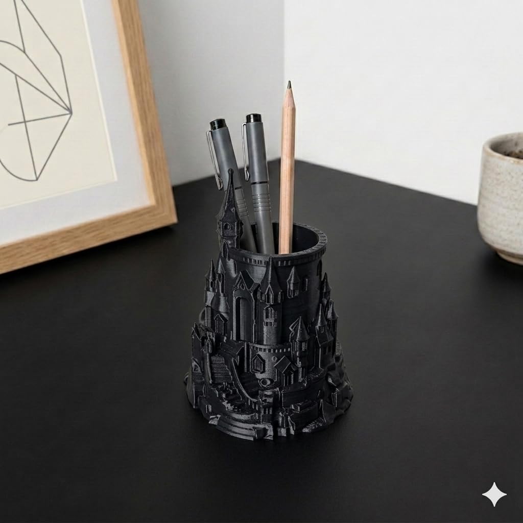 Inspired Castle Pen Holder Black 5 Inch Fantasy Desk Organizer Medieval Castle Pencil Stand for Office Study Table & Gamer Setup
