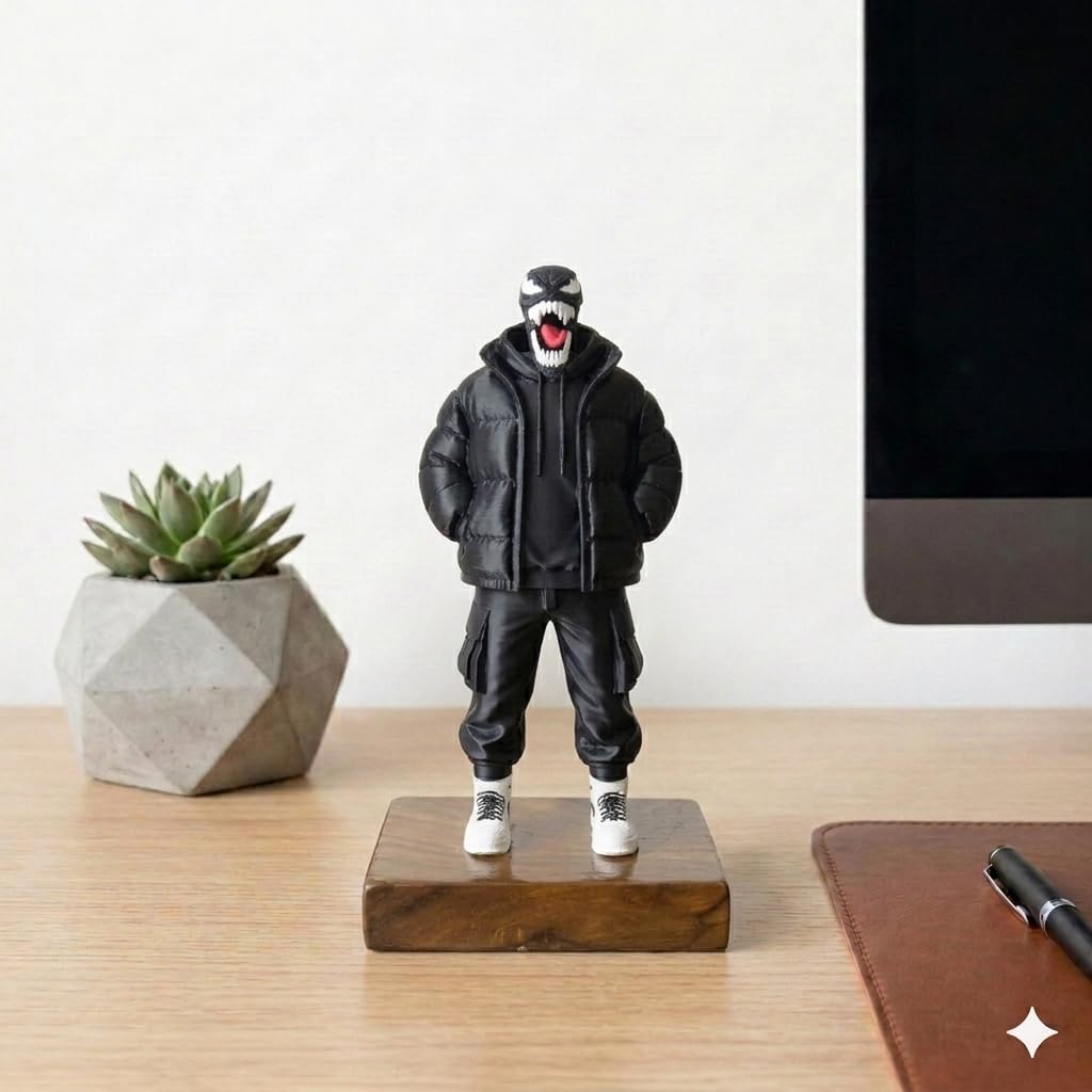 Urban Superhero Figurine with Teak Wood Base | Anime Inspired Collectible Desk Decor Statue | Premium PLA Gaming Setup & Room Decor Figure | 7 x 4 x 3 Inch (Urban Deadpool)