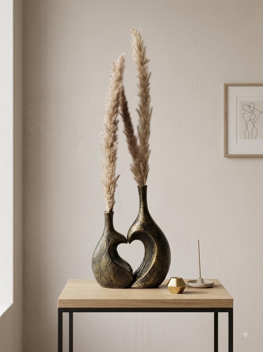 Sculptural Vase | Set of 2 for Home Decor | Modern Textured Metallic Finish (Antique Gold)