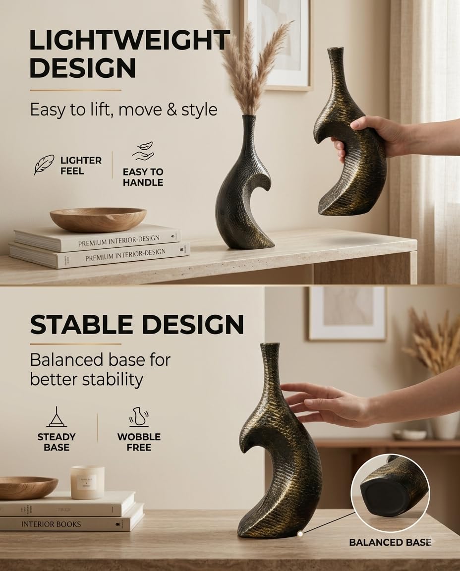 Sculptural Vase | Set of 2 for Home Decor | Modern Textured Metallic Finish (Antique Gold)