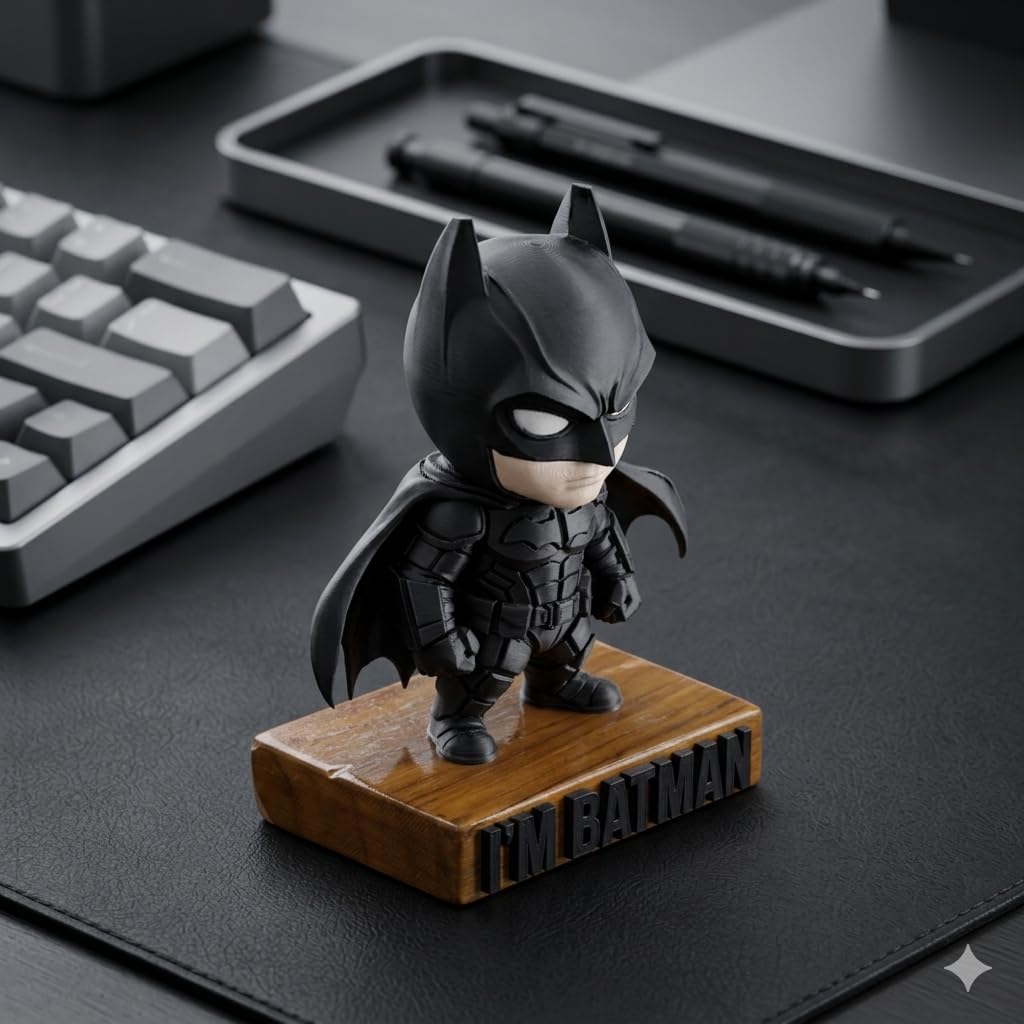 Batman Figurine with Wooden Base | Matte Black Superhero Desk Decor | Collectible Gift for Fans | Durable PLA with Teak Wood Base | Modern Matte Finish Figurine for Office & Home Display