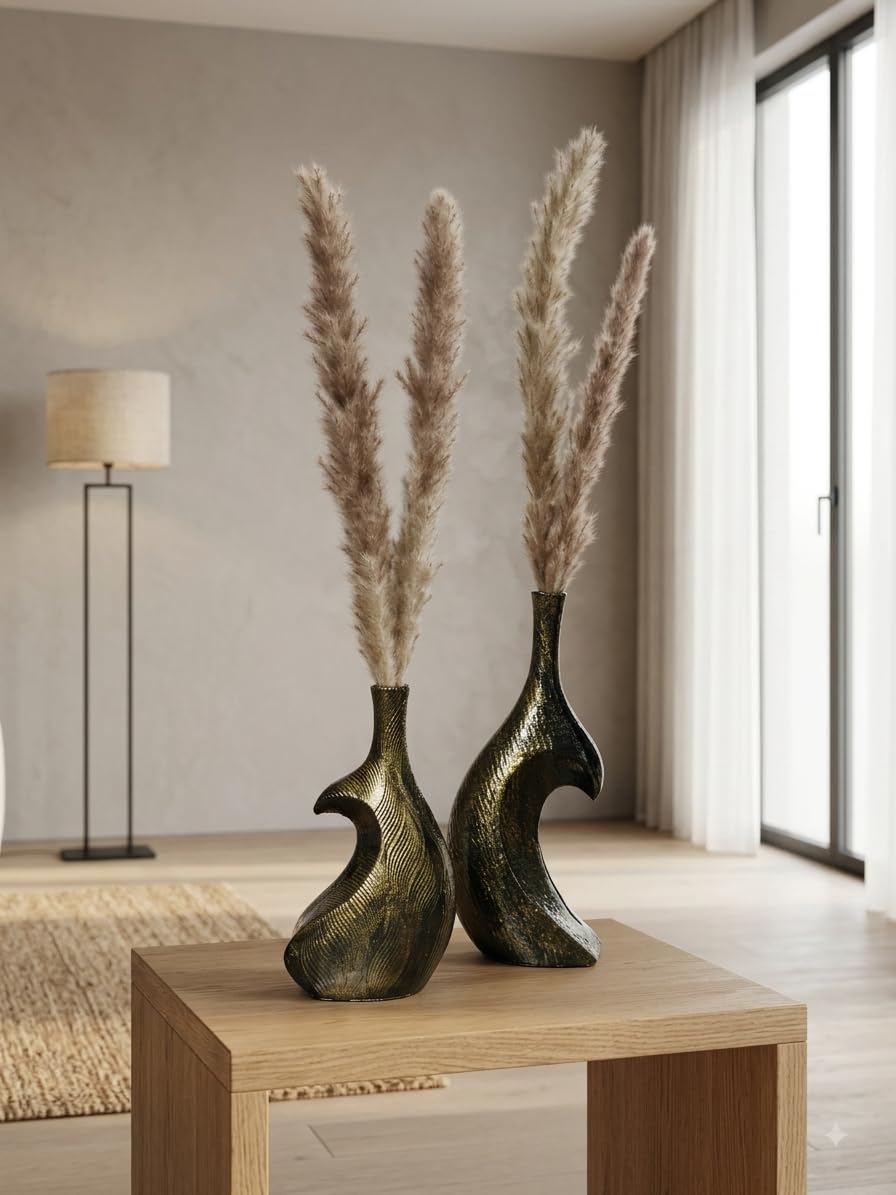 Sculptural Vase | Set of 2 for Home Decor | Modern Textured Metallic Finish (Antique Gold)