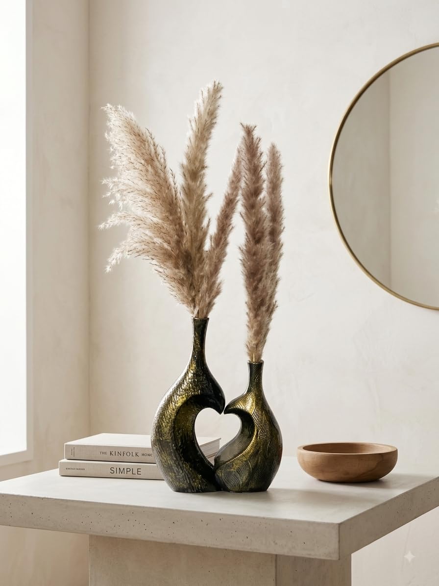 Sculptural Vase | Set of 2 for Home Decor | Modern Textured Metallic Finish (Antique Gold)