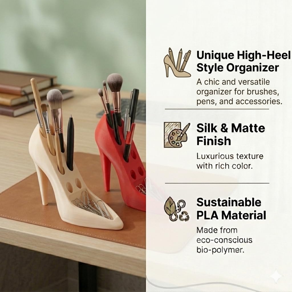 High Heel Pen Holder | Stylish Shoe Shaped Pencil Stand & Makeup Brush Organizer | 3D Printed PLA Desk Accessory for Office, Vanity & Home Décor (Luxury Purple)