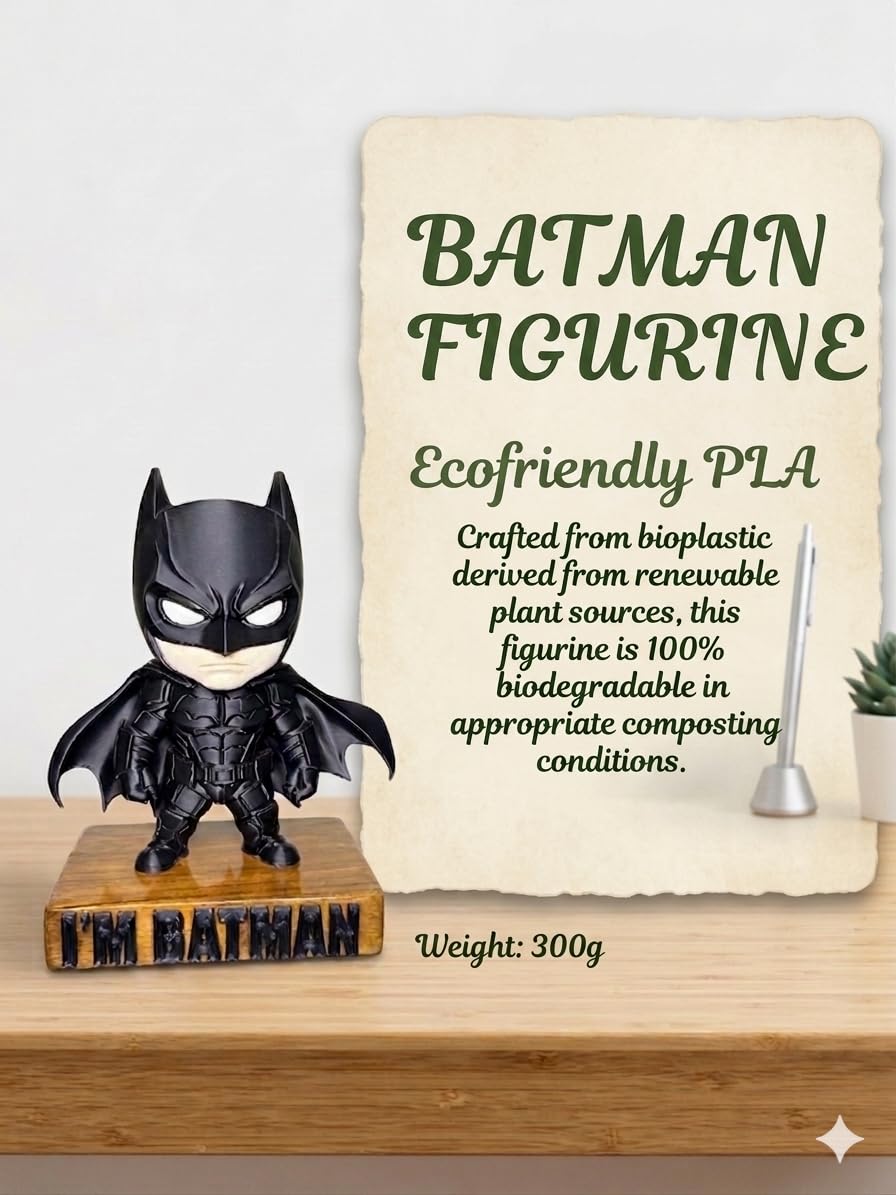 Batman Figurine with Wooden Base | Matte Black Superhero Desk Decor | Collectible Gift for Fans | Durable PLA with Teak Wood Base | Modern Matte Finish Figurine for Office & Home Display