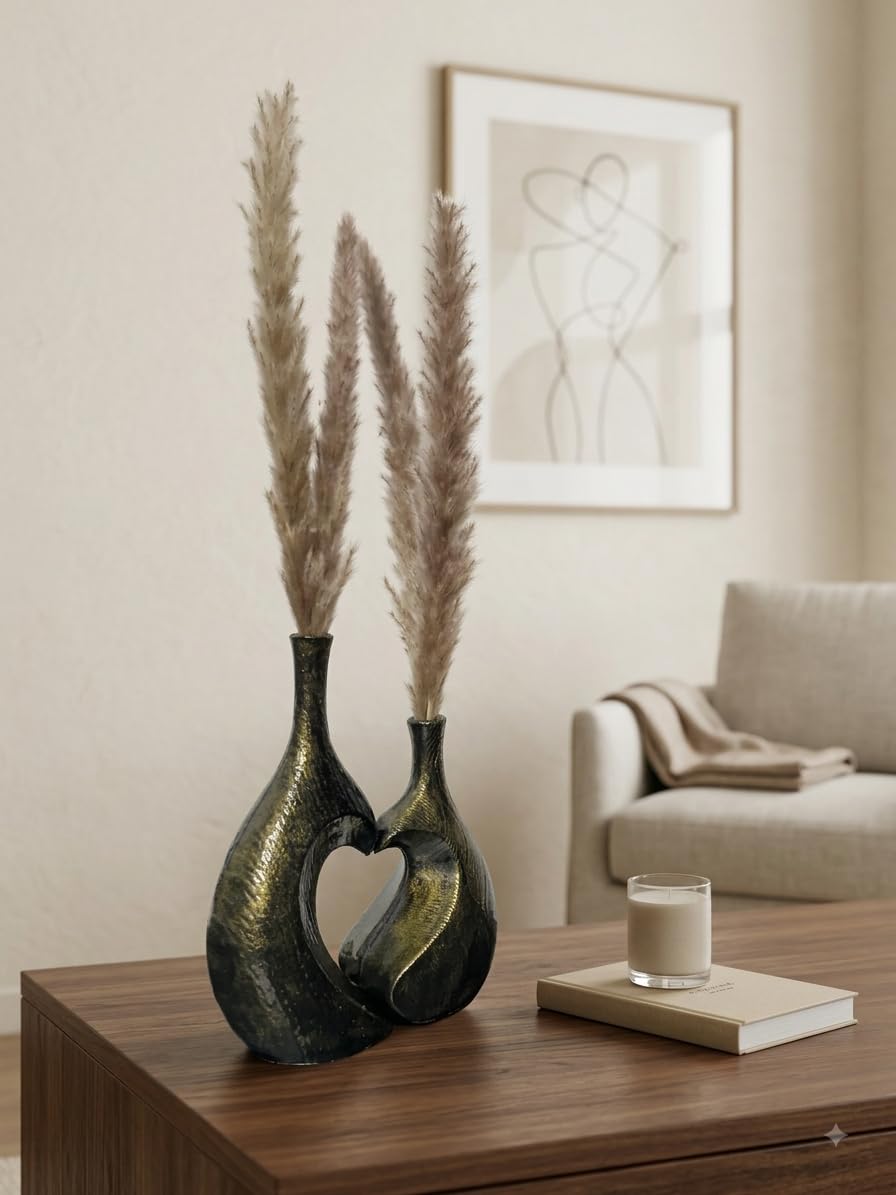 Sculptural Vase | Set of 2 for Home Decor | Modern Textured Metallic Finish (Antique Gold)