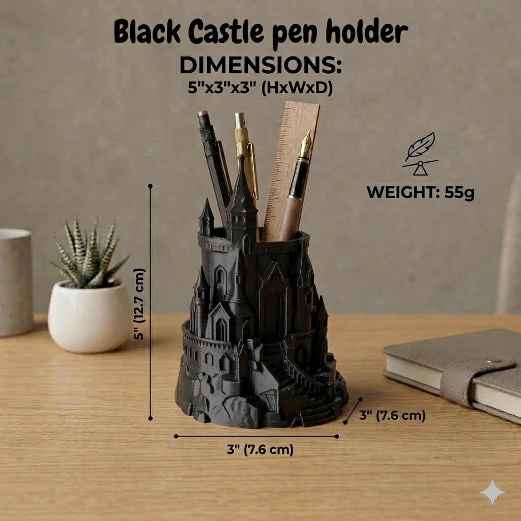 Inspired Castle Pen Holder Black 5 Inch Fantasy Desk Organizer Medieval Castle Pencil Stand for Office Study Table & Gamer Setup