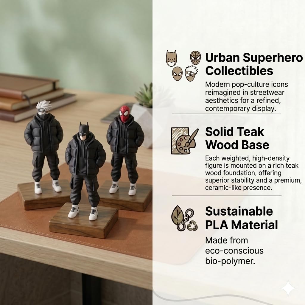 Urban Superhero Figurine with Teak Wood Base | Anime Inspired Collectible Desk Decor Statue | Premium PLA Gaming Setup & Room Decor Figure | 7 x 4 x 3 Inch (Urban Deadpool)