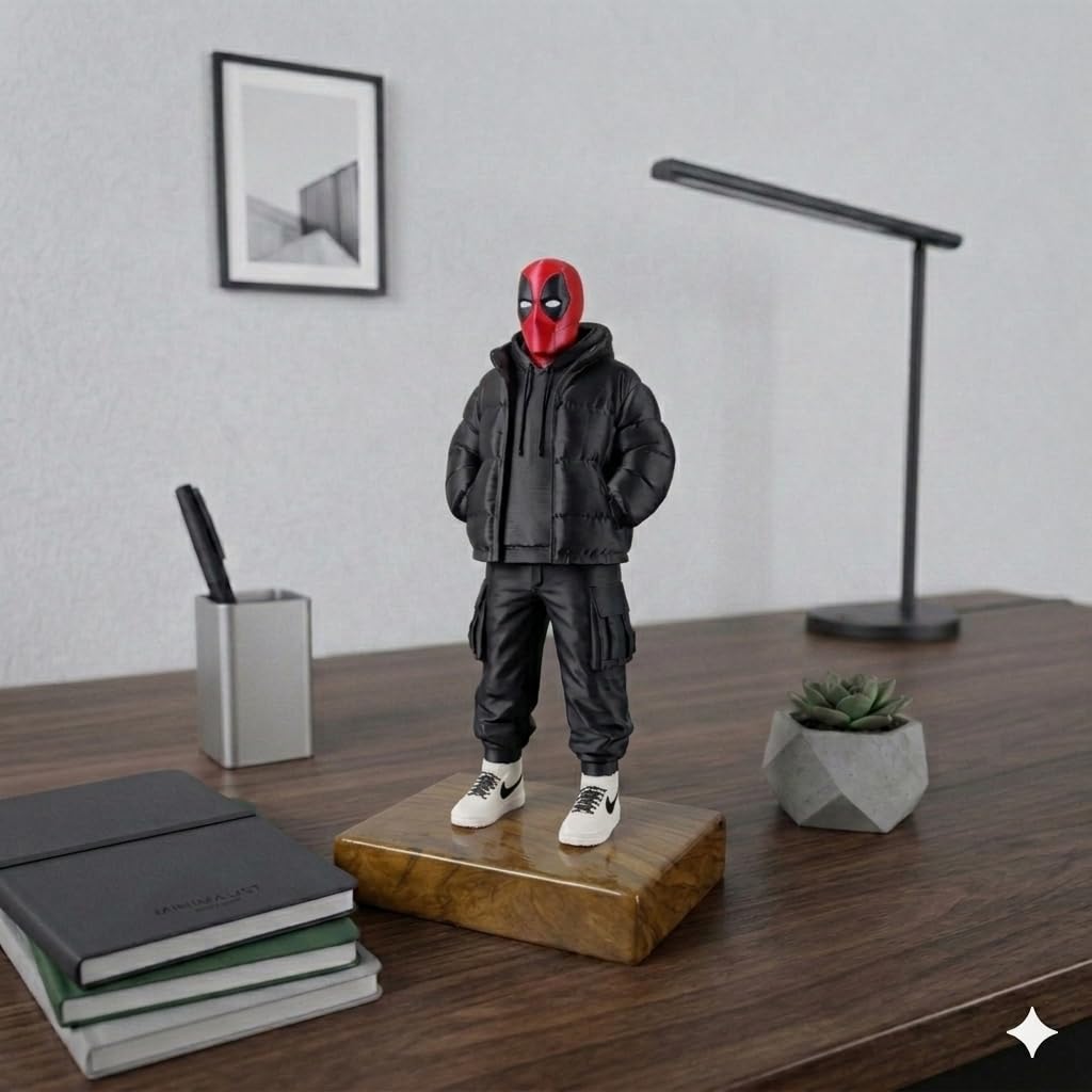 Urban Superhero Figurine with Teak Wood Base | Anime Inspired Collectible Desk Decor Statue | Premium PLA Gaming Setup & Room Decor Figure | 7 x 4 x 3 Inch (Urban Deadpool)