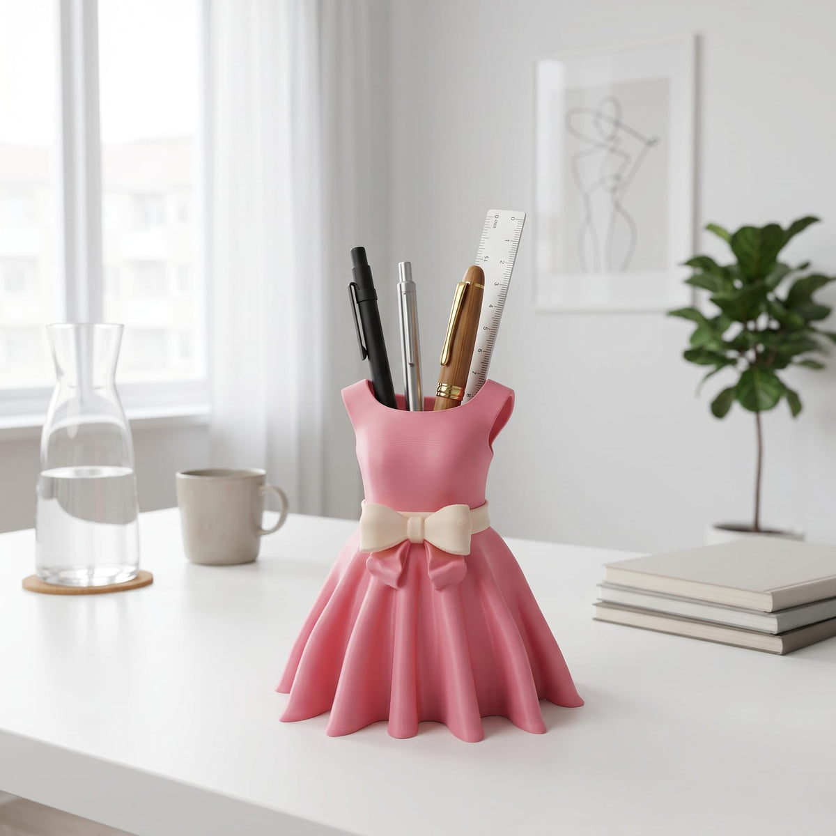 Dress Pen Holder for Desk | 3D Printed PLA Makeup Brush Organizer | 5x3x5 Inch | 75g Lightweight | Cute Aesthetic Desk Décor for Home, Office & Vanity | Eco-Friendly Storage Stand (Pink & Black)