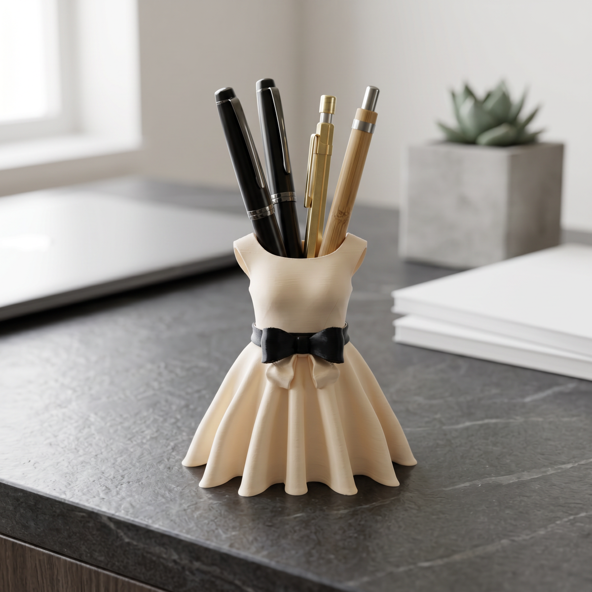Dress Pen Holder for Desk | 3D Printed PLA Makeup Brush Organizer | 5x3x5 Inch | 75g Lightweight | Cute Aesthetic Desk Décor for Home, Office & Vanity | Eco-Friendly Storage Stand
