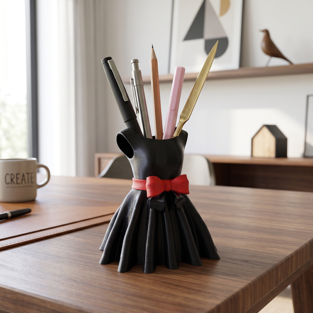 Dress Pen Holder for Desk | 3D Printed PLA Makeup Brush Organizer | 5x3x5 Inch | 75g Lightweight | Cute Aesthetic Desk Décor for Home, Office & Vanity | Eco-Friendly Storage Stand