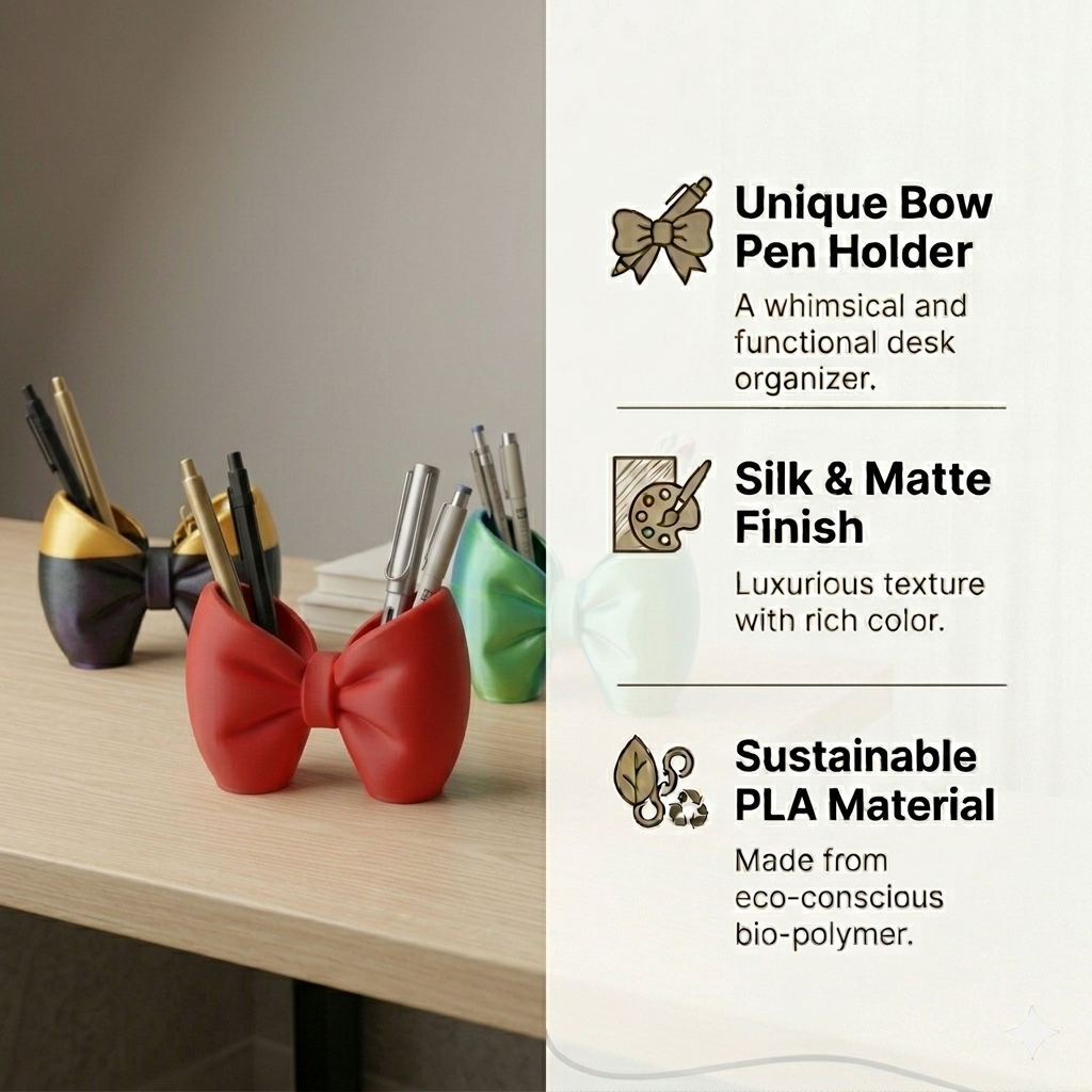 Bow Pen & Makeup Holder | Decorative Desk Organizer | Eco-Friendly PLA | Lightweight 70g | Scratch-Resistant | Perfect for Gifting