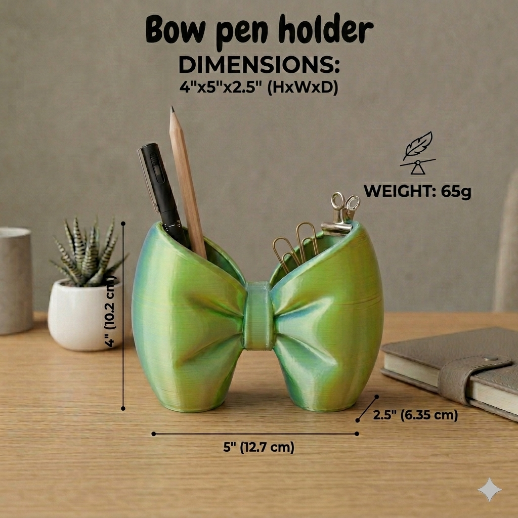 Bow Pen & Makeup Holder | Decorative Desk Organizer | Eco-Friendly PLA | Lightweight 70g | Scratch-Resistant | Perfect for Gifting