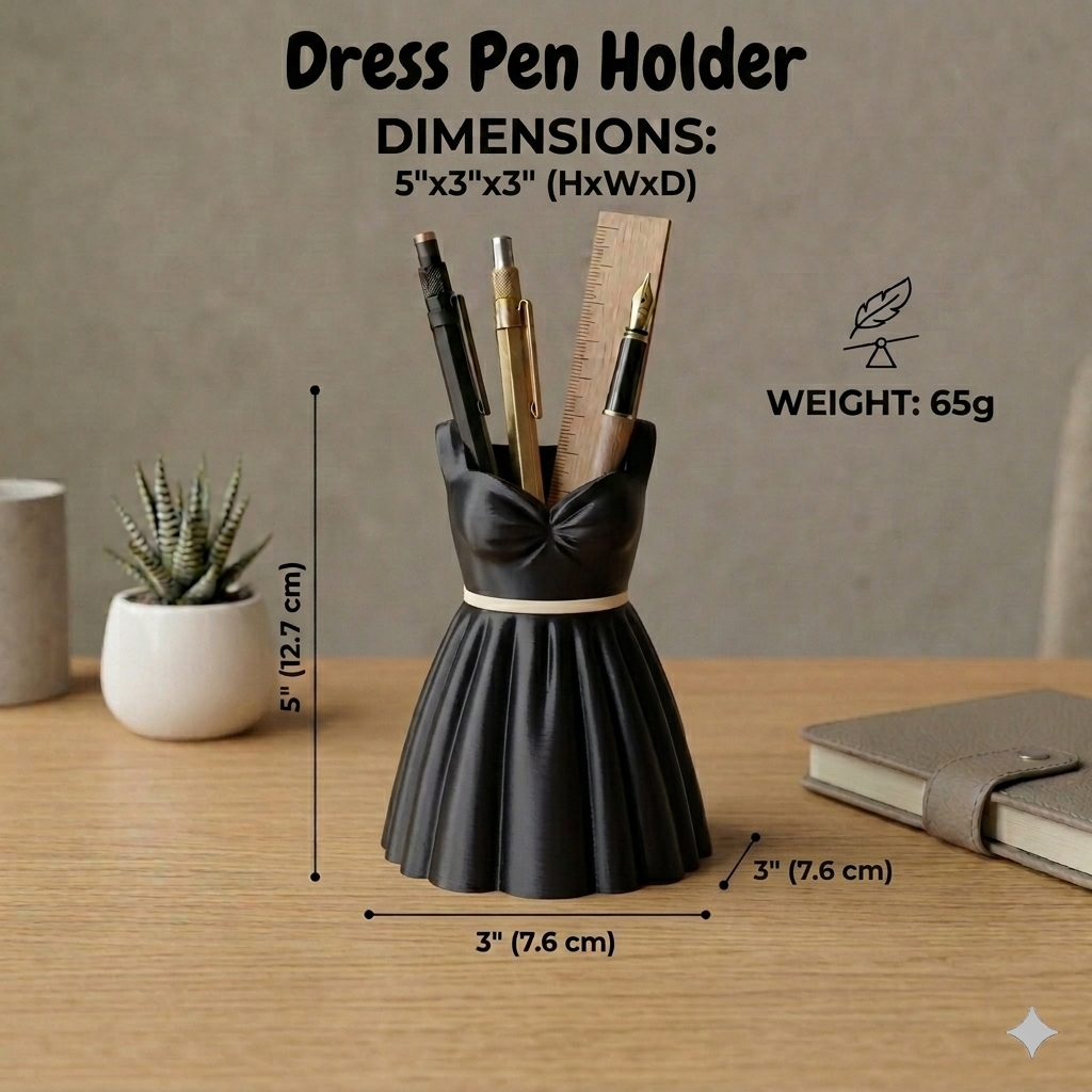 Dress Pen Holder for Desk | 3D Printed PLA Makeup Brush Organizer | 5x3x5 Inch | 75g Lightweight | Cute Aesthetic Desk Décor for Home, Office & Vanity | Eco-Friendly Storage Stand