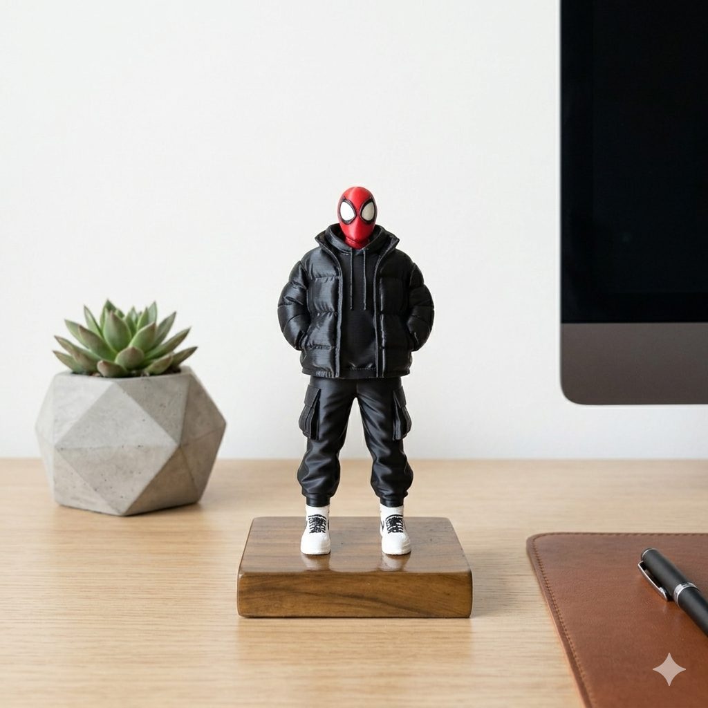 Urban Superhero Figurine with Teak Wood Base | Anime Inspired Collectible Desk Decor Statue | Premium PLA Gaming Setup & Room Decor Figure | 7 x 4 x 3 inch