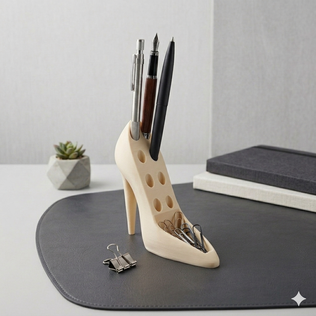 High Heel Pen Holder | Stylish Shoe Shaped Pencil Stand & Makeup Brush Organizer | 3D Printed PLA Desk Accessory for Office, Vanity & Home Décor (Luxury Purple)