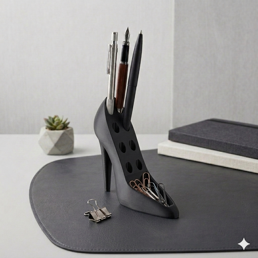 High Heel Pen Holder | Stylish Shoe Shaped Pencil Stand & Makeup Brush Organizer | 3D Printed PLA Desk Accessory for Office, Vanity & Home Décor (Luxury Purple)