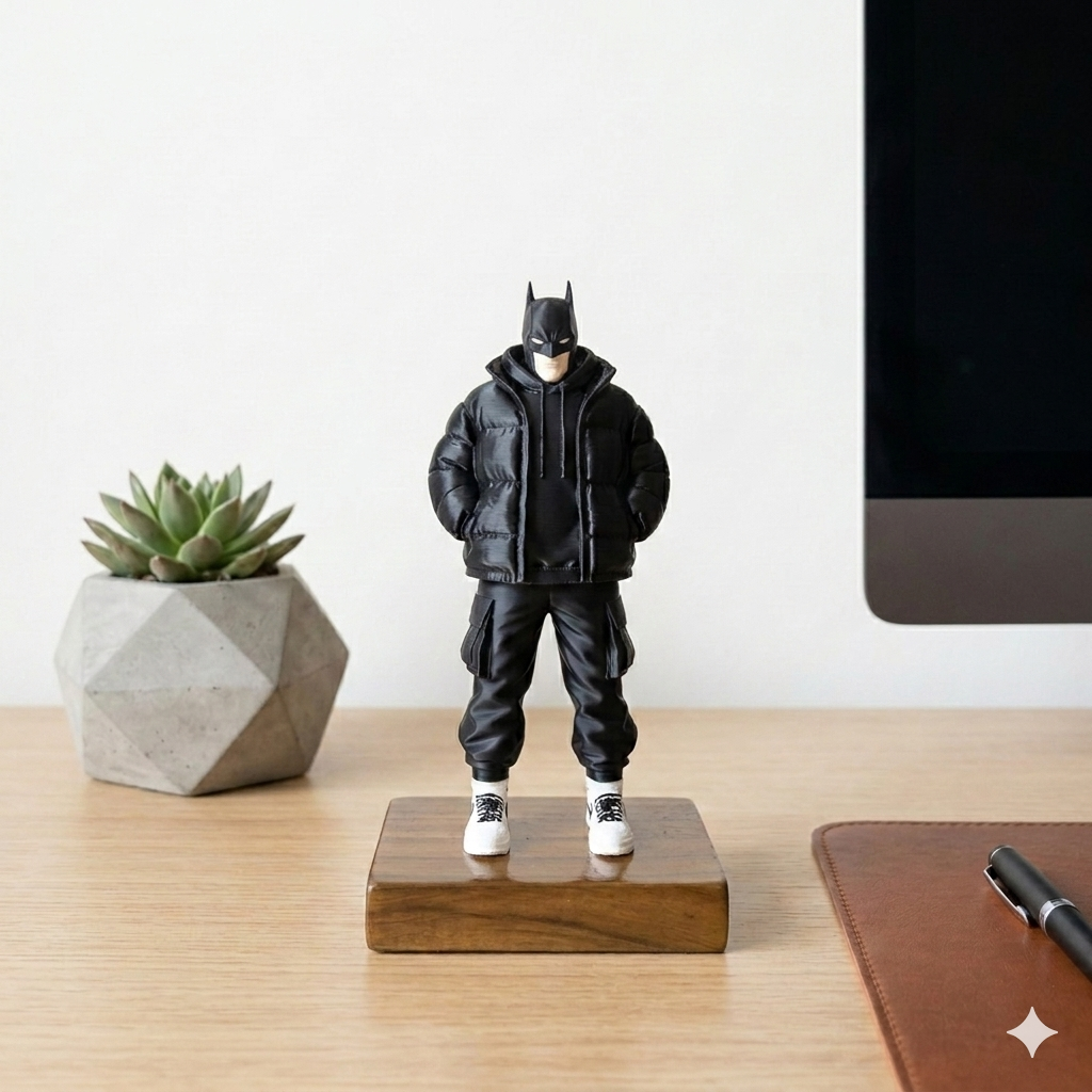 Urban Superhero Figurine with Teak Wood Base | Anime Inspired Collectible Desk Decor Statue | Premium PLA Gaming Setup & Room Decor Figure | 7 x 4 x 3 inch