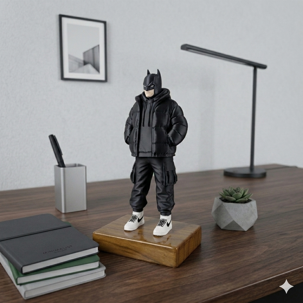 Urban Superhero Figurine with Teak Wood Base | Anime Inspired Collectible Desk Decor Statue | Premium PLA Gaming Setup & Room Decor Figure | 7 x 4 x 3 inch