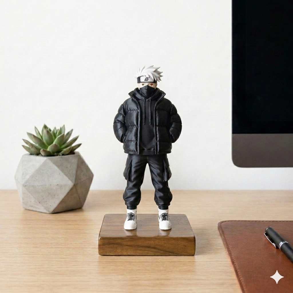 Urban Superhero Figurine with Teak Wood Base | Anime Inspired Collectible Desk Decor Statue | Premium PLA Gaming Setup & Room Decor Figure | 7 x 4 x 3 inch