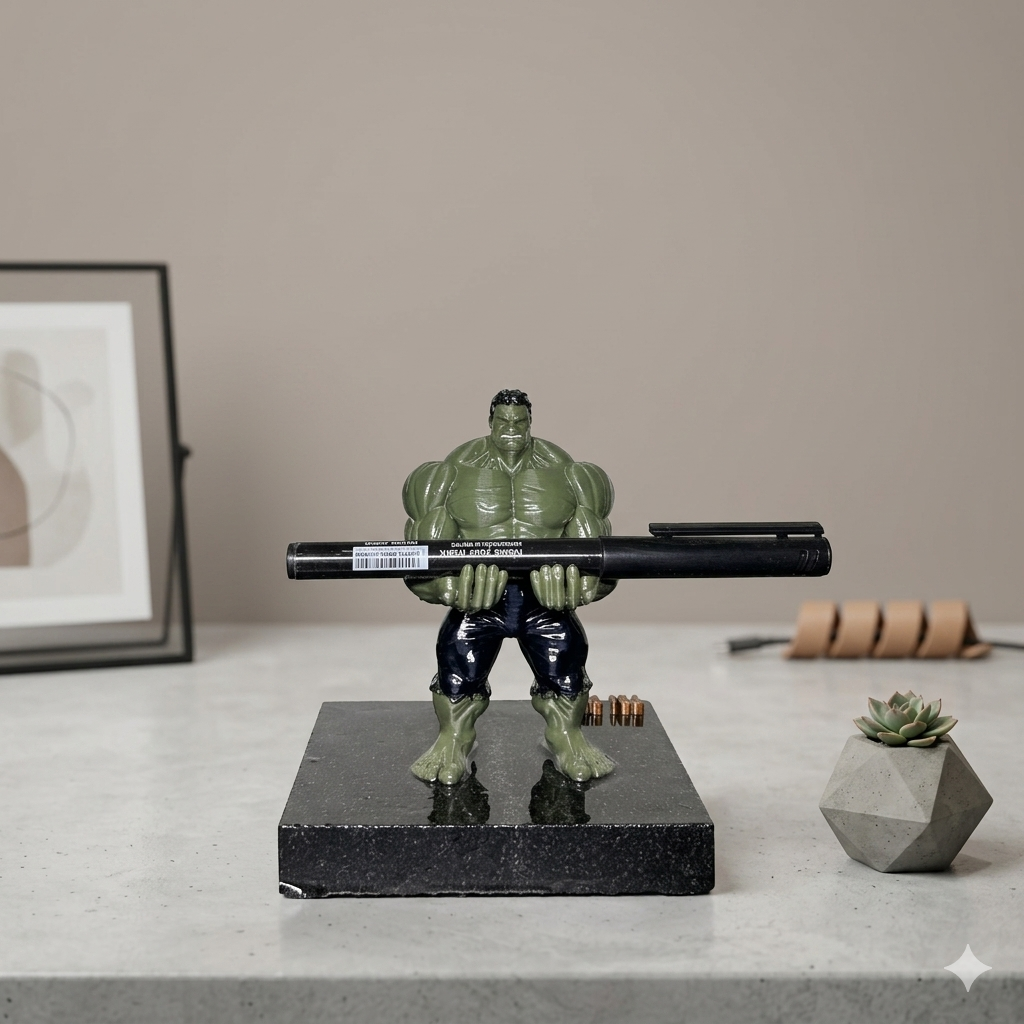 Premium Superhero Pen Holder for Desk with 3D Printed Collectible Figurine | Black Telephone Marble Base | Modern Office Desk Organizer & Decor | Hand-Finished | 5 x 4 x 3 Inch | 450g