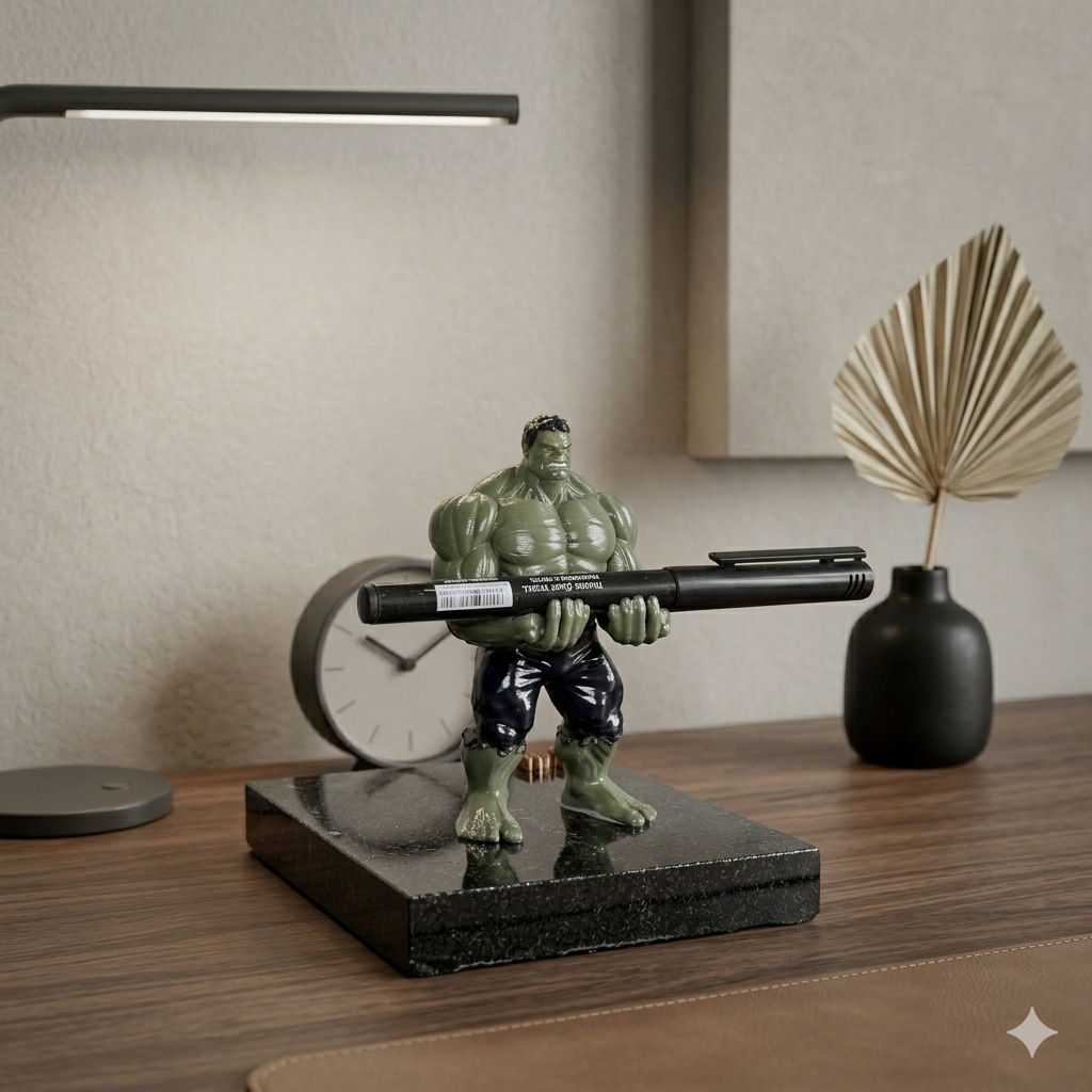 Premium Superhero Pen Holder for Desk with 3D Printed Collectible Figurine | Black Telephone Marble Base | Modern Office Desk Organizer & Decor | Hand-Finished | 5 x 4 x 3 Inch | 450g