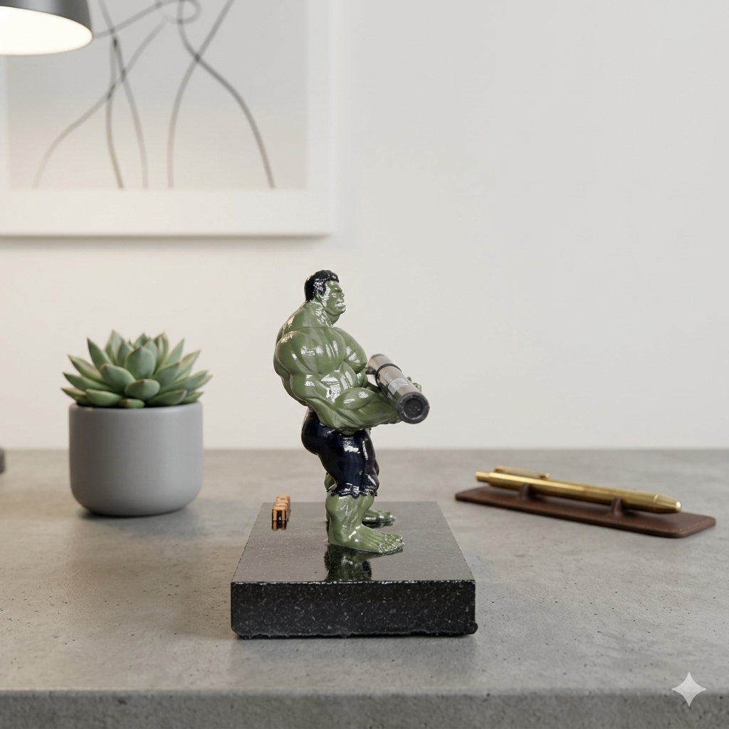 Premium Superhero Pen Holder for Desk with 3D Printed Collectible Figurine | Black Telephone Marble Base | Modern Office Desk Organizer & Decor | Hand-Finished | 5 x 4 x 3 Inch | 450g