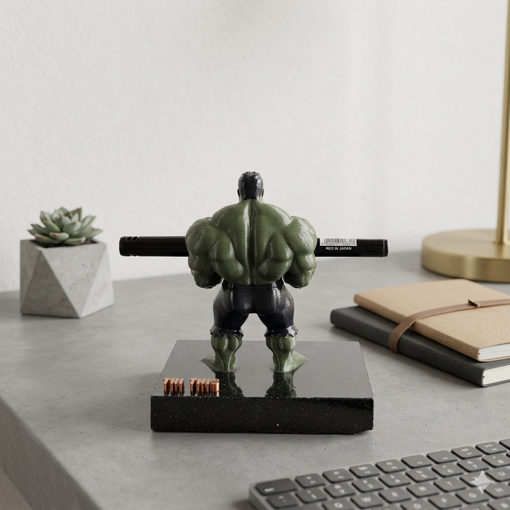 Premium Superhero Pen Holder for Desk with 3D Printed Collectible Figurine | Black Telephone Marble Base | Modern Office Desk Organizer & Decor | Hand-Finished | 5 x 4 x 3 Inch | 450g