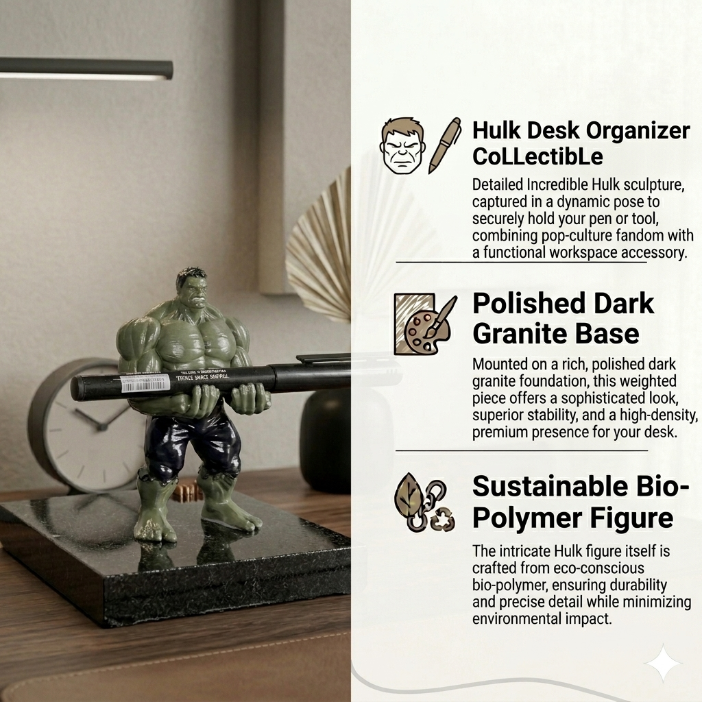 Premium Superhero Pen Holder for Desk with 3D Printed Collectible Figurine | Black Telephone Marble Base | Modern Office Desk Organizer & Decor | Hand-Finished | 5 x 4 x 3 Inch | 450g