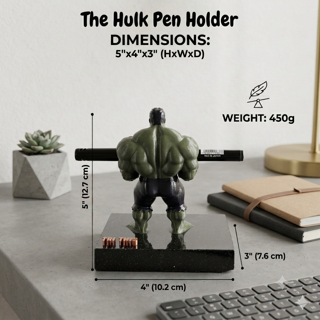 Premium Superhero Pen Holder for Desk with 3D Printed Collectible Figurine | Black Telephone Marble Base | Modern Office Desk Organizer & Decor | Hand-Finished | 5 x 4 x 3 Inch | 450g