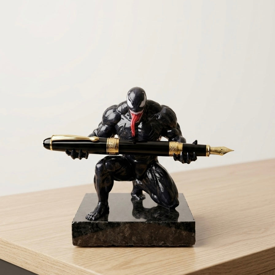 Premium Superhero Pen Holder for Desk with 3D Printed Collectible Figurine | Black Telephone Marble Base | Modern Office Desk Organizer & Decor | Hand-Finished | 5 x 4 x 3 Inch | 450g