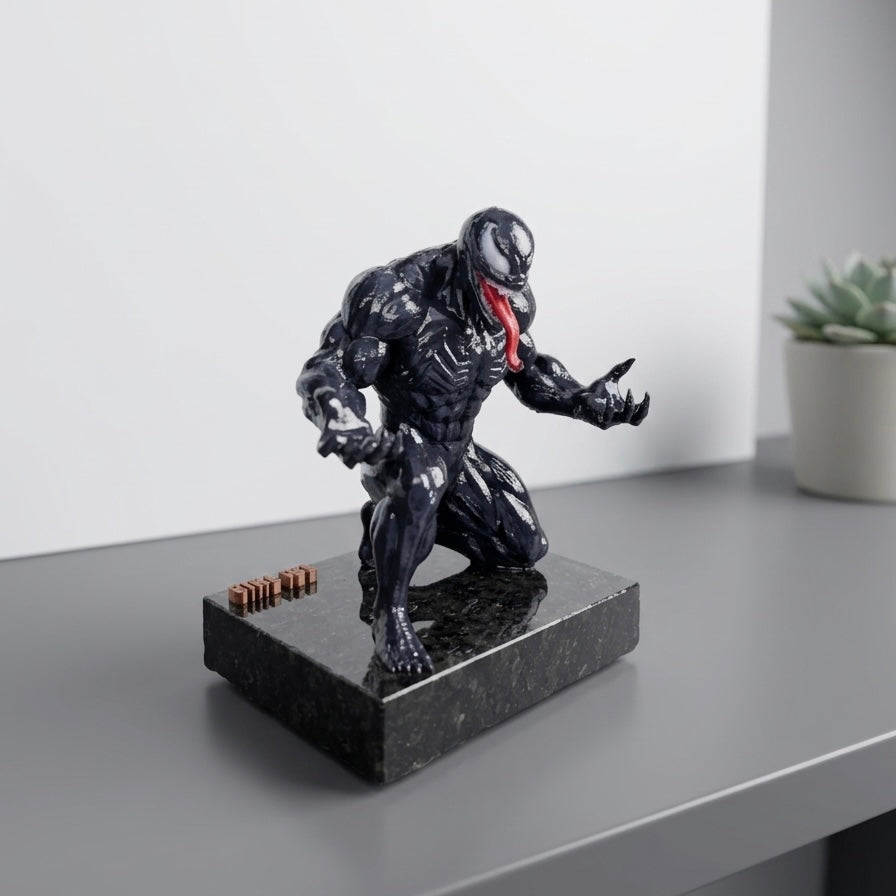 Premium Superhero Pen Holder for Desk with 3D Printed Collectible Figurine | Black Telephone Marble Base | Modern Office Desk Organizer & Decor | Hand-Finished | 5 x 4 x 3 Inch | 450g