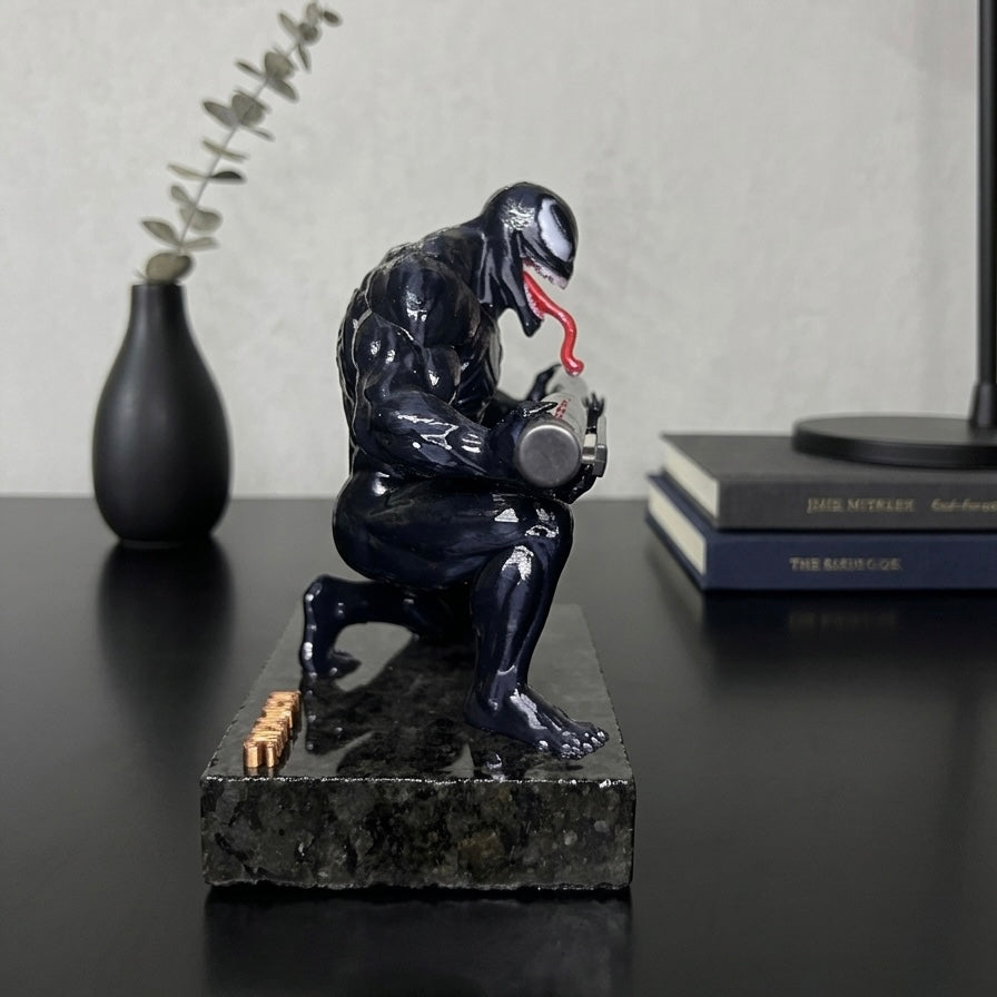 Premium Superhero Pen Holder for Desk with 3D Printed Collectible Figurine | Black Telephone Marble Base | Modern Office Desk Organizer & Decor | Hand-Finished | 5 x 4 x 3 Inch | 450g