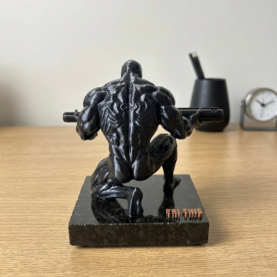 Premium Superhero Pen Holder for Desk with 3D Printed Collectible Figurine | Black Telephone Marble Base | Modern Office Desk Organizer & Decor | Hand-Finished | 5 x 4 x 3 Inch | 450g