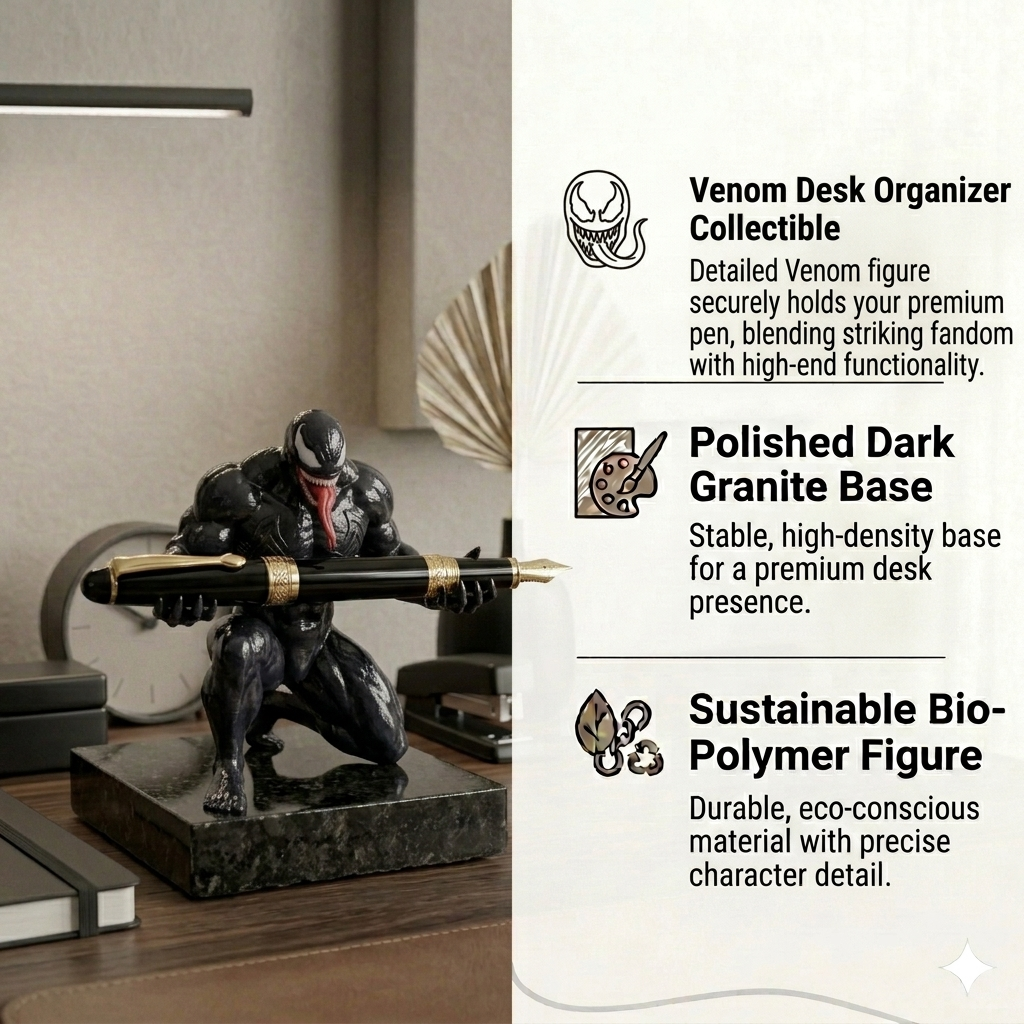 Premium Superhero Pen Holder for Desk with 3D Printed Collectible Figurine | Black Telephone Marble Base | Modern Office Desk Organizer & Decor | Hand-Finished | 5 x 4 x 3 Inch | 450g
