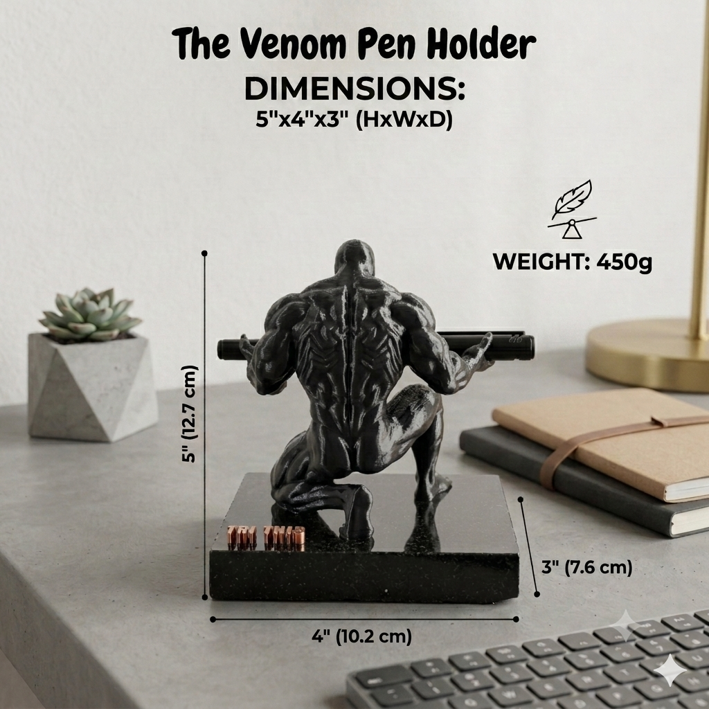 Premium Superhero Pen Holder for Desk with 3D Printed Collectible Figurine | Black Telephone Marble Base | Modern Office Desk Organizer & Decor | Hand-Finished | 5 x 4 x 3 Inch | 450g