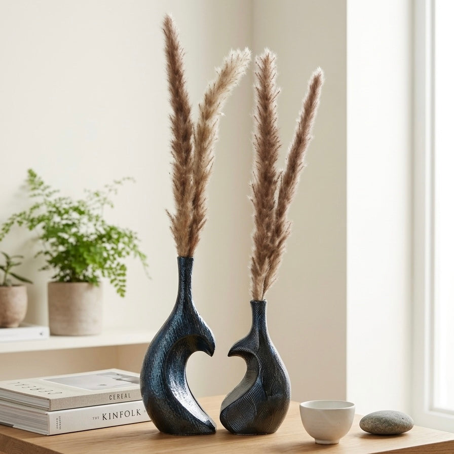 Sculptural Vase | Set of 2 for Home Decor | Modern Textured Metallic Finish