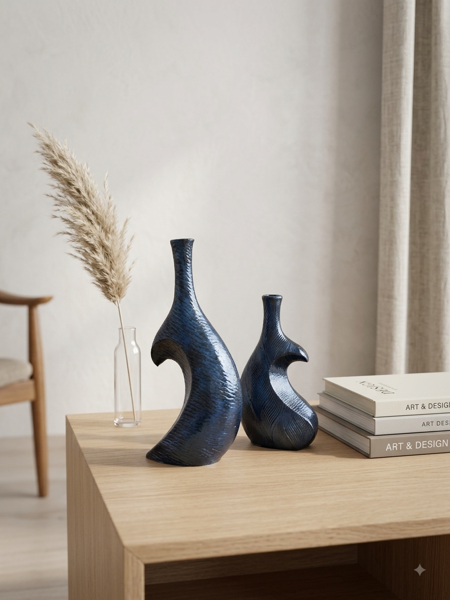 Sculptural Vase | Set of 2 for Home Decor | Modern Textured Metallic Finish