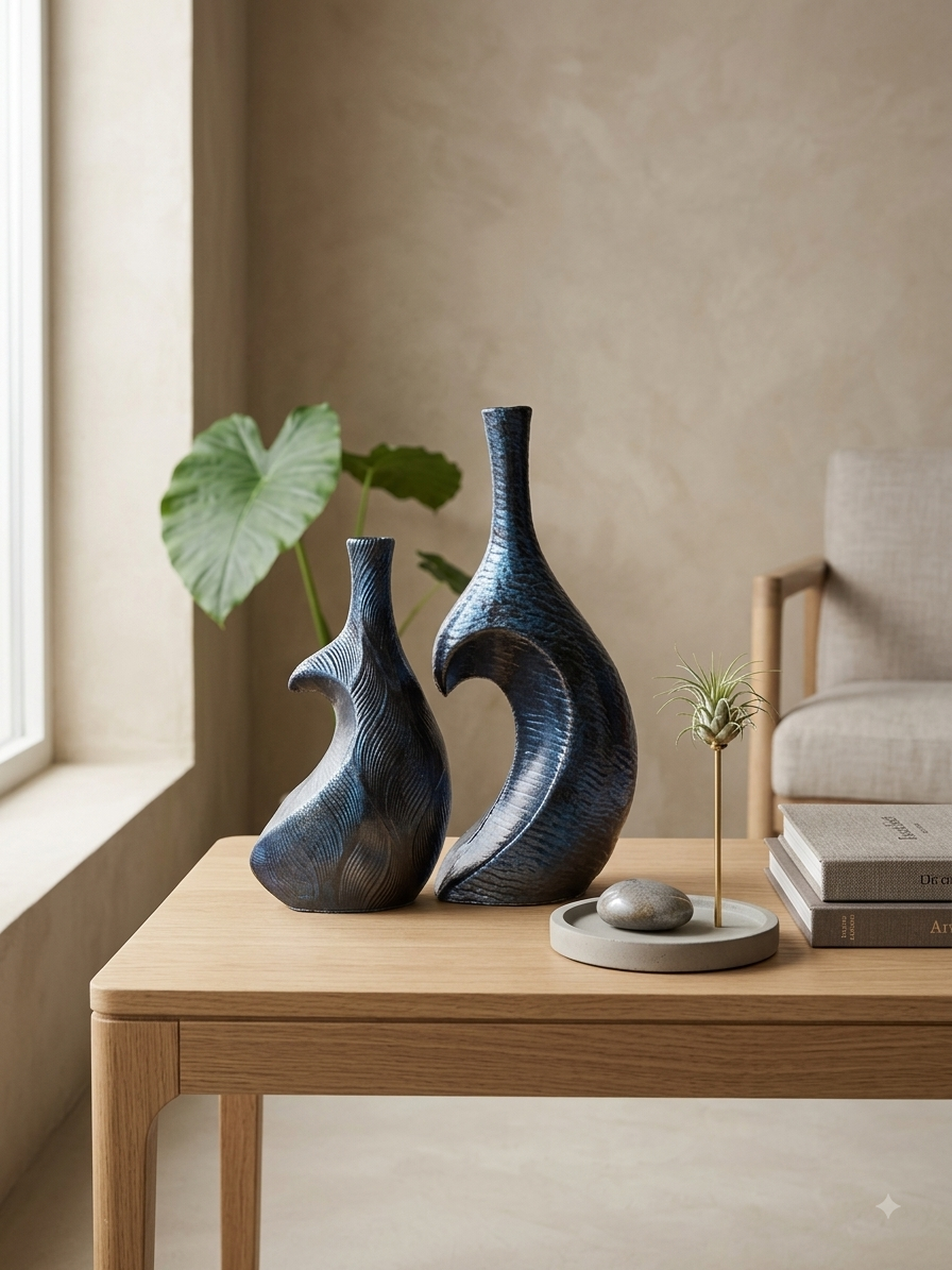 Sculptural Vase | Set of 2 for Home Decor | Modern Textured Metallic Finish