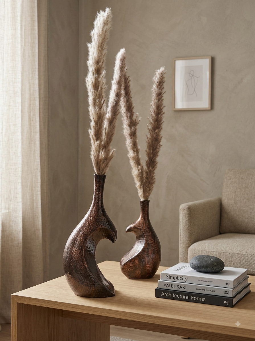 Sculptural Vase | Set of 2 for Home Decor | Modern Textured Metallic Finish